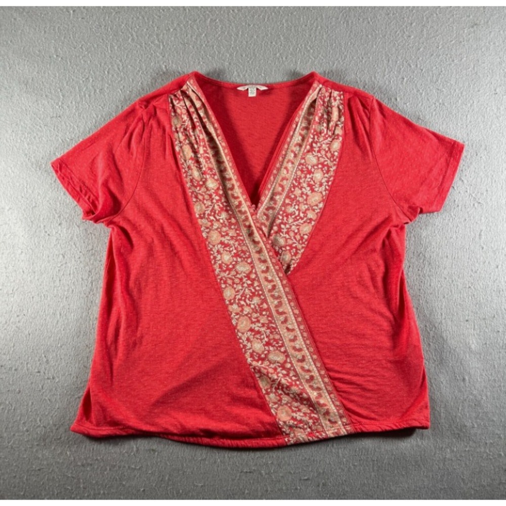 Lucky Brand Top Womens Size Large Coral Tan Faux Wrap Surplice Print Boho V-Neck